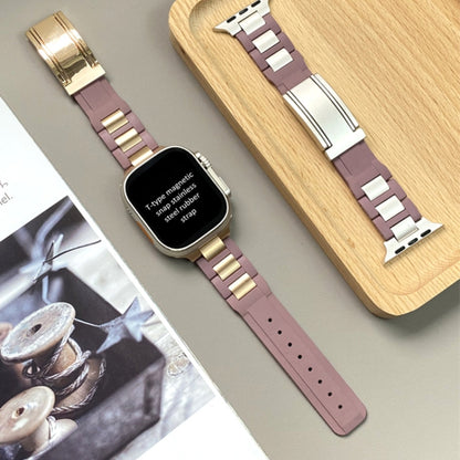 For Apple Watch 46mm / 49mm / 45mm / 44mm T-shaped Magnetic Buckle Stainless Steel Rubber Watch Band(Smoky Purple Rose Gold Buckle) by bashfashion