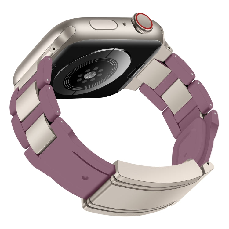 For Apple Watch 46mm / 49mm / 45mm / 44mm T-shaped Magnetic Buckle Stainless Steel Rubber Watch Band(Smoky Purple Starlight Buckle) by bashfashion