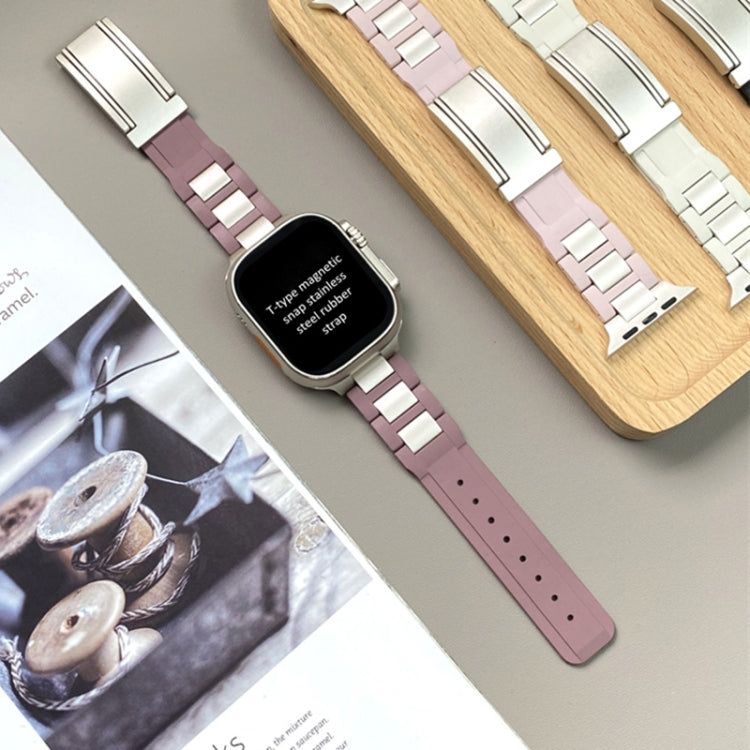For Apple Watch 46mm / 49mm / 45mm / 44mm T-shaped Magnetic Buckle Stainless Steel Rubber Watch Band(Smoky Purple Starlight Buckle) by bashfashion