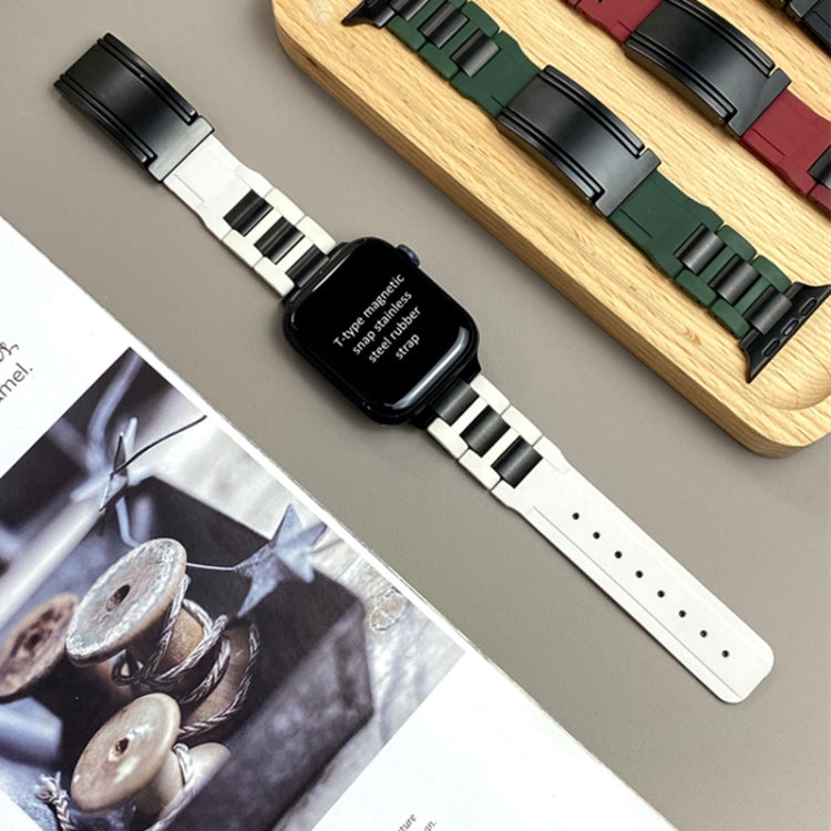 For Apple Watch 42mm / 41mm / 40mm / 38mm T-shaped Magnetic Buckle Stainless Steel Rubber Watch Band(Beige Black Buckle) by bashfashion