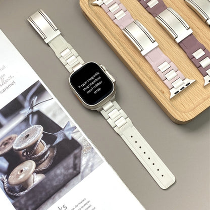 For Apple Watch 42mm / 41mm / 40mm / 38mm T-shaped Magnetic Buckle Stainless Steel Rubber Watch Band(Beige Starlight Buckle) by bashfashion