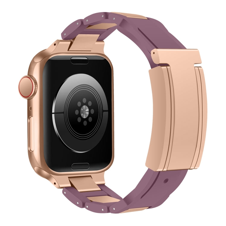 For Apple Watch 42mm / 41mm / 40mm / 38mm T-shaped Magnetic Buckle Stainless Steel Rubber Watch Band(Smoky Purple Rose Gold Buckle) by bashfashion