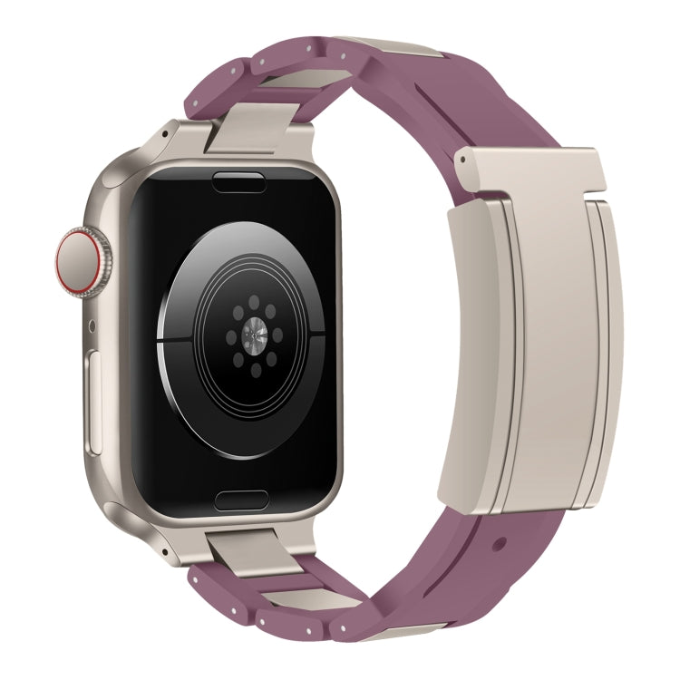 For Apple Watch 42mm / 41mm / 40mm / 38mm T-shaped Magnetic Buckle Stainless Steel Rubber Watch Band(Smoky Purple Starlight Buckle) by bashfashion