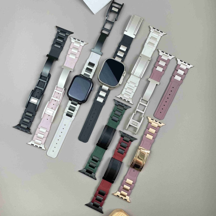 For Apple Watch 42mm / 41mm / 40mm / 38mm T-shaped Magnetic Buckle Stainless Steel Rubber Watch Band(Smoky Purple Rose Gold Buckle) by bashfashion