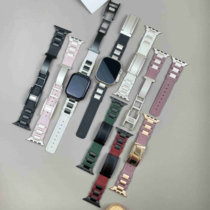 For Apple Watch 42mm / 41mm / 40mm / 38mm T-shaped Magnetic Buckle Stainless Steel Rubber Watch Band(Beige Black Buckle) by bashfashion