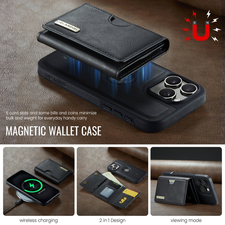 For iPhone 16 Pro Max DG.MING M6 Series RFID Tri-fold Card Bag Removable Leather Phone Case(Black) by DG.MING