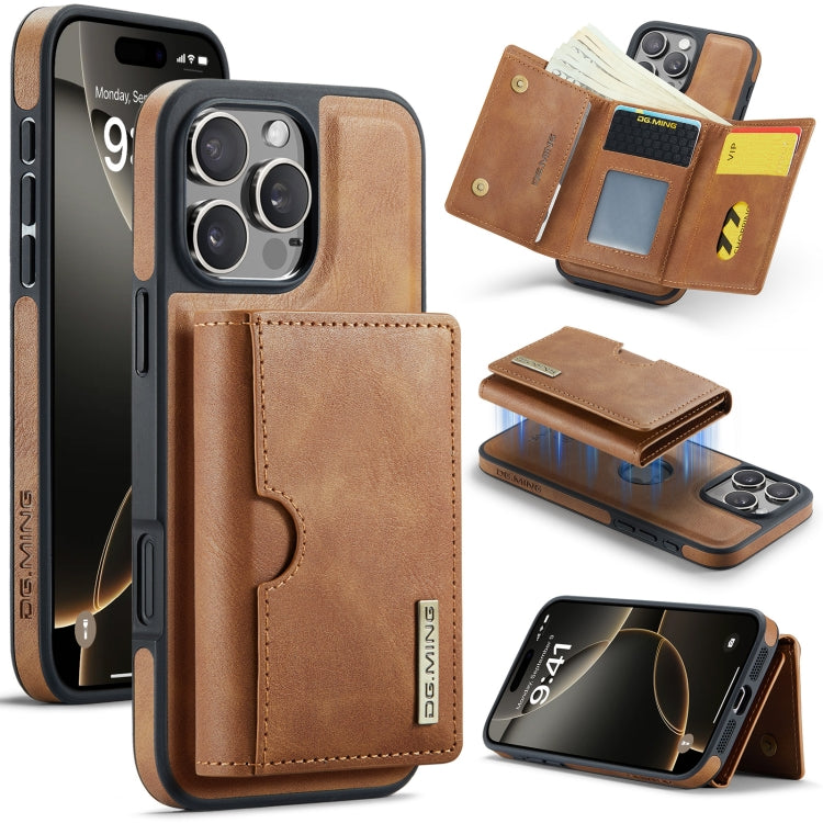 For iPhone 16 Pro Max DG.MING M6 Series RFID Tri-fold Card Bag Removable Leather Phone Case(Brown) by DG.MING
