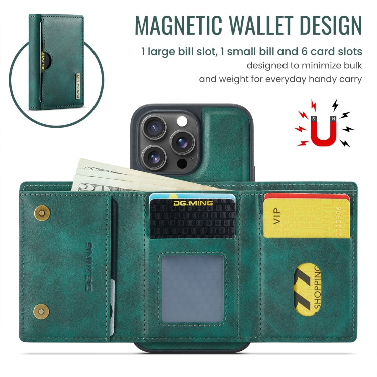 For iPhone 16 Pro Max DG.MING M6 Series RFID Tri-fold Card Bag Removable Leather Phone Case(Green) by DG.MING