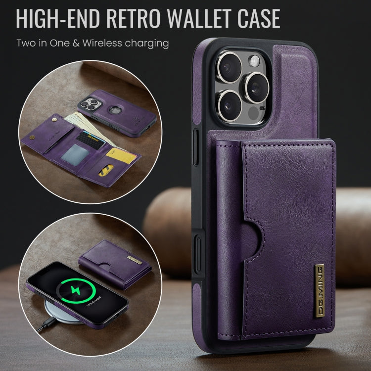 For iPhone 16 Pro Max DG.MING M6 Series RFID Tri-fold Card Bag Removable Leather Phone Case(Purple) by DG.MING