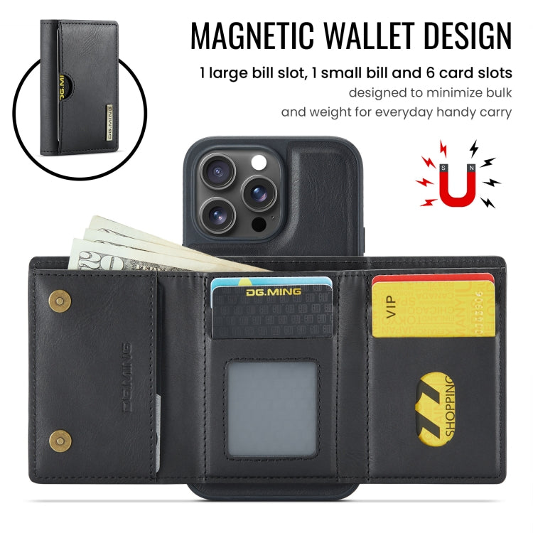 For iPhone 16 Pro DG.MING M6 Series RFID Tri-fold Card Bag Removable Leather Phone Case(Black) by DG.MING