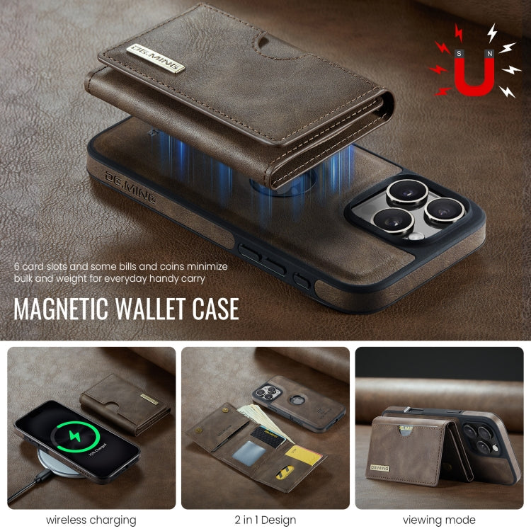 For iPhone 16 Pro DG.MING M6 Series RFID Tri-fold Card Bag Removable Leather Phone Case(Coffee) by DG.MING