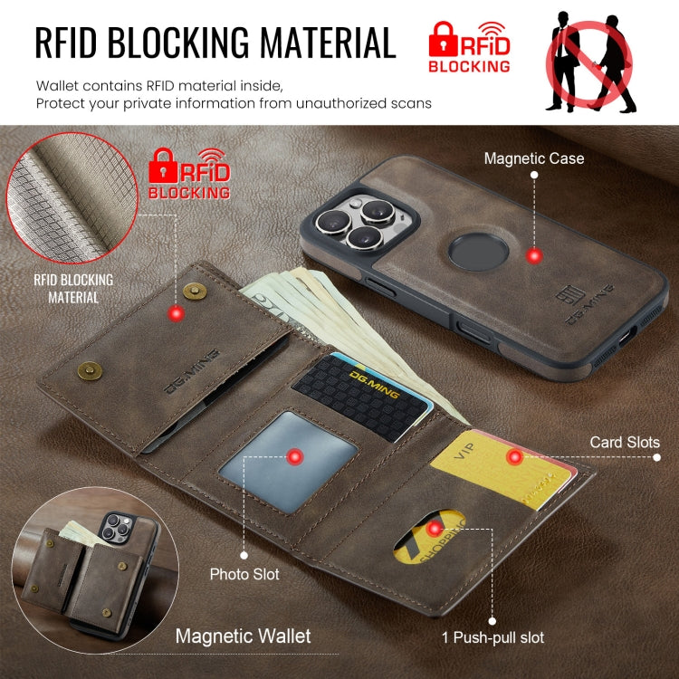 For iPhone 16 Pro DG.MING M6 Series RFID Tri-fold Card Bag Removable Leather Phone Case(Coffee) by DG.MING