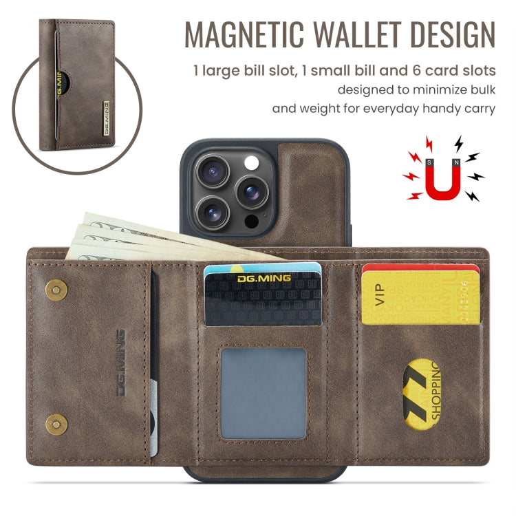For iPhone 16 Pro DG.MING M6 Series RFID Tri-fold Card Bag Removable Leather Phone Case(Coffee) by DG.MING
