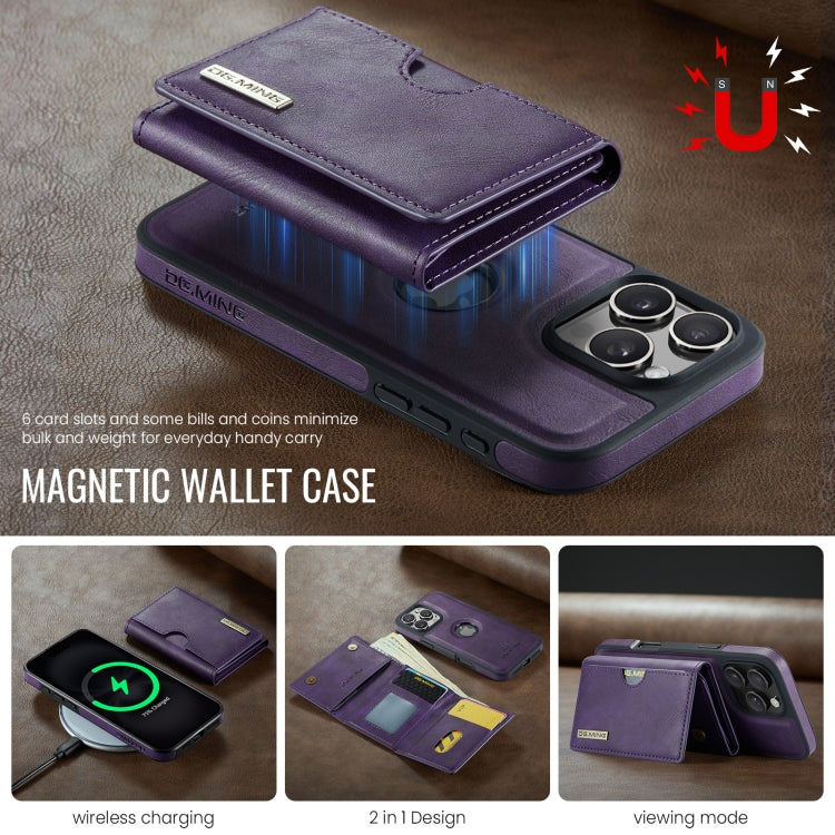 For iPhone 16 Pro DG.MING M6 Series RFID Tri-fold Card Bag Removable Leather Phone Case(Purple) by DG.MING