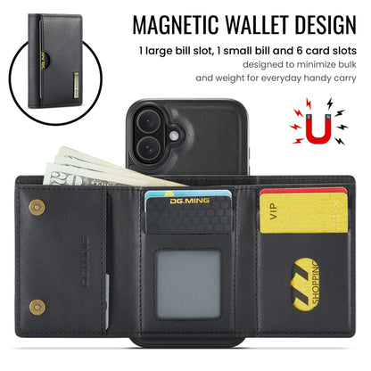 For iPhone 16 Plus DG.MING M6 Series RFID Tri-fold Card Bag Removable Leather Phone Case(Black) by DG.MING