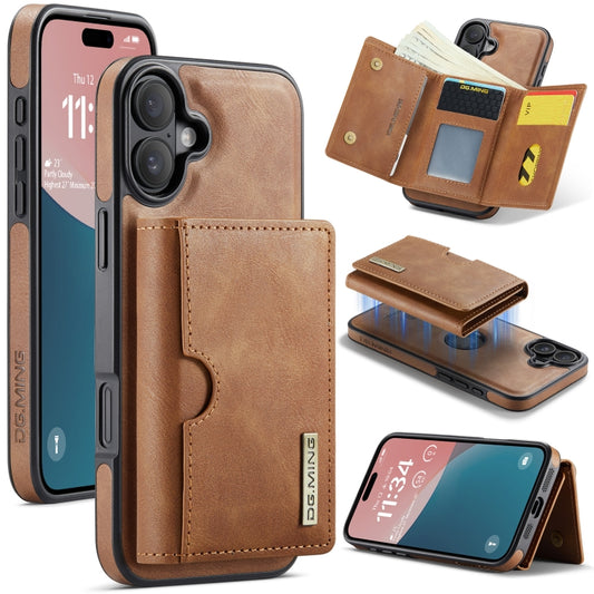 For iPhone 16 Plus DG.MING M6 Series RFID Tri-fold Card Bag Removable Leather Phone Case(Brown) by DG.MING