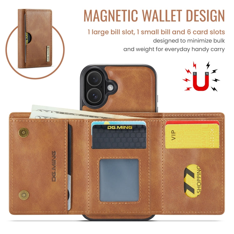 For iPhone 16 Plus DG.MING M6 Series RFID Tri-fold Card Bag Removable Leather Phone Case(Brown) by DG.MING