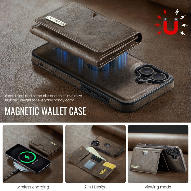 For iPhone 16 Plus DG.MING M6 Series RFID Tri-fold Card Bag Removable Leather Phone Case(Coffee) by DG.MING