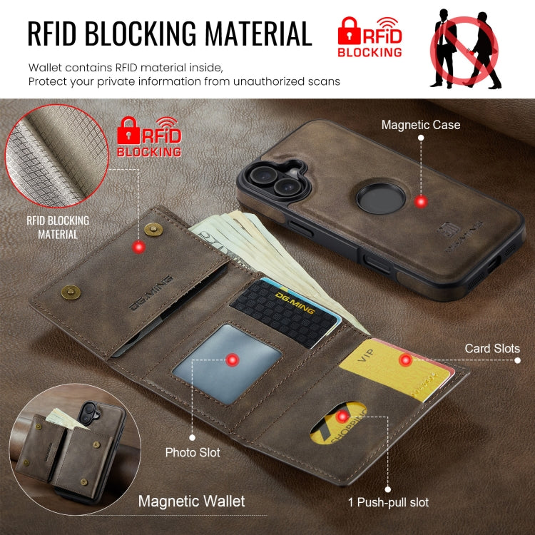 For iPhone 16 Plus DG.MING M6 Series RFID Tri-fold Card Bag Removable Leather Phone Case(Coffee) by DG.MING