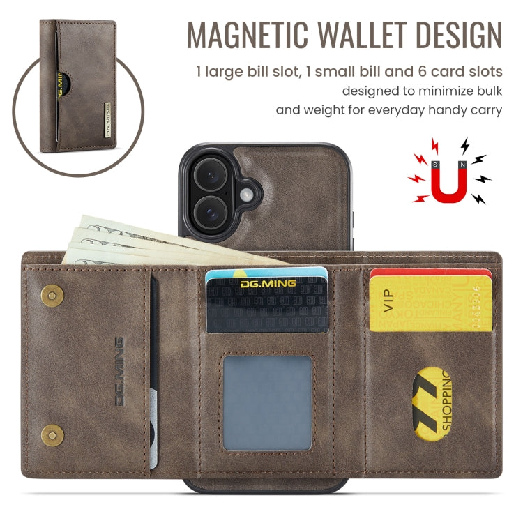 For iPhone 16 Plus DG.MING M6 Series RFID Tri-fold Card Bag Removable Leather Phone Case(Coffee) by DG.MING
