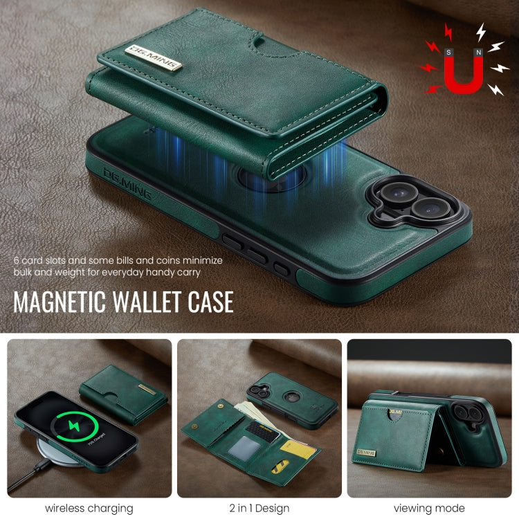 For iPhone 16 Plus DG.MING M6 Series RFID Tri-fold Card Bag Removable Leather Phone Case(Green) by DG.MING