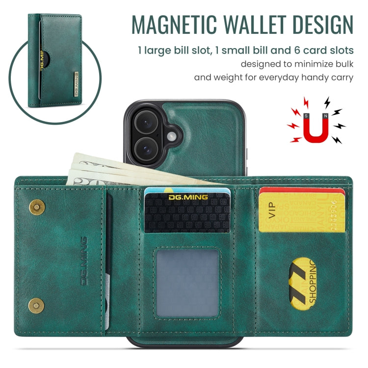 For iPhone 16 Plus DG.MING M6 Series RFID Tri-fold Card Bag Removable Leather Phone Case(Green) by DG.MING