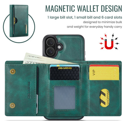 For iPhone 16 Plus DG.MING M6 Series RFID Tri-fold Card Bag Removable Leather Phone Case(Green) by DG.MING
