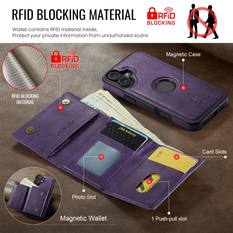 For iPhone 16 Plus DG.MING M6 Series RFID Tri-fold Card Bag Removable Leather Phone Case(Purple) by DG.MING
