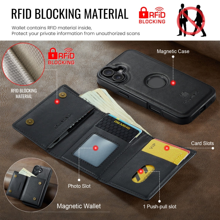 For iPhone 16 DG.MING M6 Series RFID Tri-fold Card Bag Removable Leather Phone Case(Black) by DG.MING