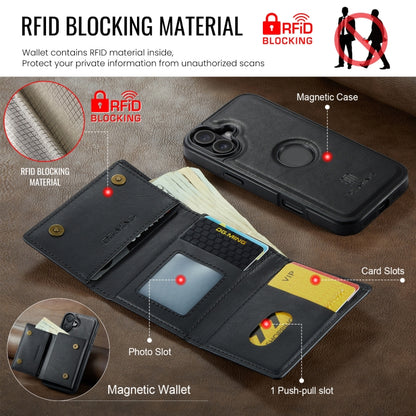 For iPhone 16 DG.MING M6 Series RFID Tri-fold Card Bag Removable Leather Phone Case(Black) by DG.MING