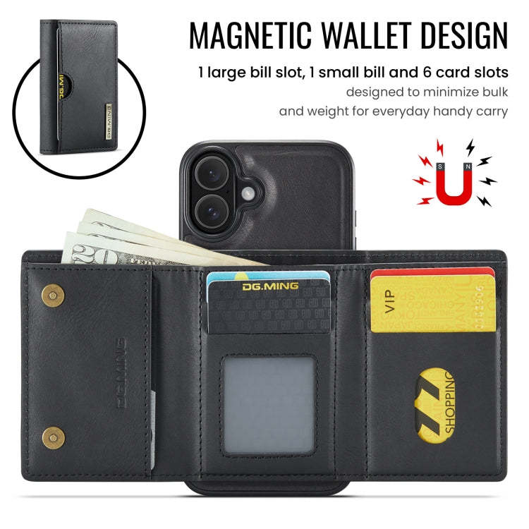 For iPhone 16 DG.MING M6 Series RFID Tri-fold Card Bag Removable Leather Phone Case(Black) by DG.MING