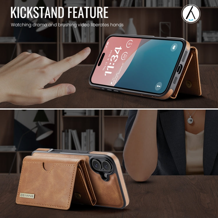 For iPhone 16 DG.MING M6 Series RFID Tri-fold Card Bag Removable Leather Phone Case(Brown) by DG.MING