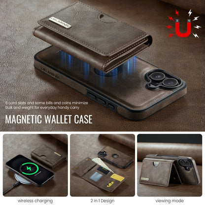For iPhone 16 DG.MING M6 Series RFID Tri-fold Card Bag Removable Leather Phone Case(Coffee) by DG.MING