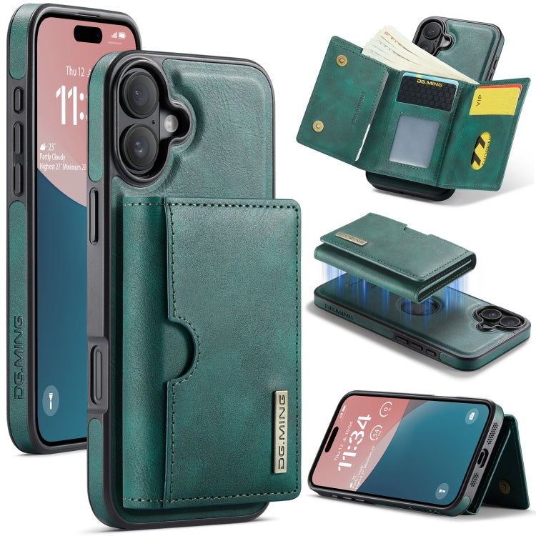 For iPhone 16 DG.MING M6 Series RFID Tri-fold Card Bag Removable Leather Phone Case(Green) by DG.MING