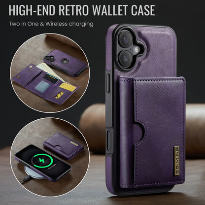 For iPhone 16 DG.MING M6 Series RFID Tri-fold Card Bag Removable Leather Phone Case(Purple) by DG.MING