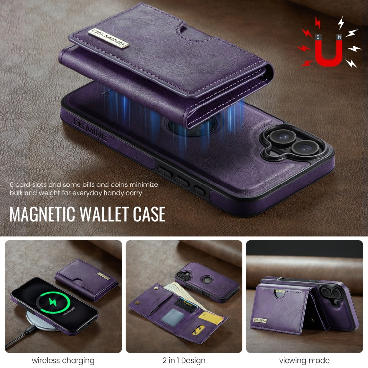 For iPhone 16 DG.MING M6 Series RFID Tri-fold Card Bag Removable Leather Phone Case(Purple) by DG.MING