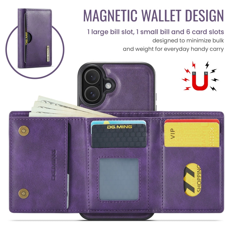 For iPhone 16 DG.MING M6 Series RFID Tri-fold Card Bag Removable Leather Phone Case(Purple) by DG.MING