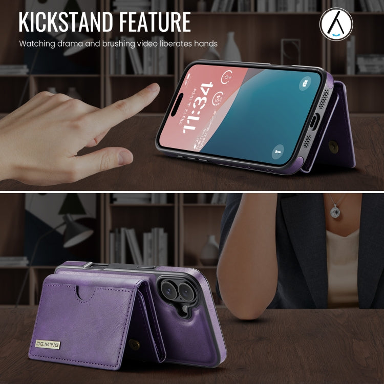 For iPhone 16 DG.MING M6 Series RFID Tri-fold Card Bag Removable Leather Phone Case(Purple) by DG.MING