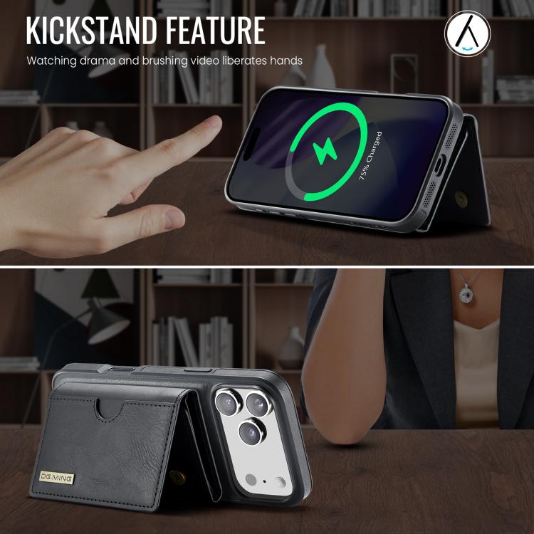 For iPhone 17 Pro Max DG.MING M6 Series RFID Tri-fold Card Bag Removable Leather Phone Case(Black) by DG.MING