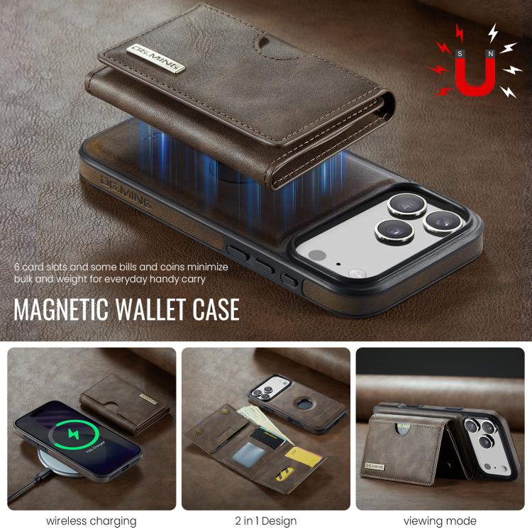For iPhone 17 Pro Max DG.MING M6 Series RFID Tri-fold Card Bag Removable Leather Phone Case(Coffee) by DG.MING