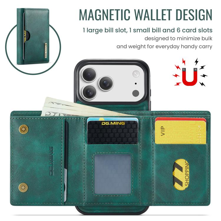 For iPhone 17 Pro Max DG.MING M6 Series RFID Tri-fold Card Bag Removable Leather Phone Case(Green) by DG.MING