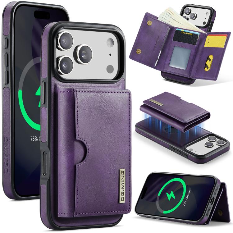 For iPhone 17 Pro Max DG.MING M6 Series RFID Tri-fold Card Bag Removable Leather Phone Case(Purple) by DG.MING