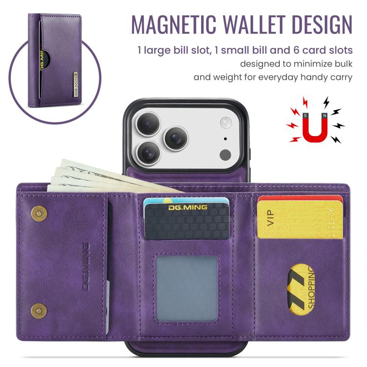For iPhone 17 Pro Max DG.MING M6 Series RFID Tri-fold Card Bag Removable Leather Phone Case(Purple) by DG.MING