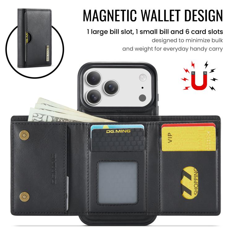 For iPhone 17 Pro DG.MING M6 Series RFID Tri-fold Card Bag Removable Leather Phone Case(Black) by DG.MING