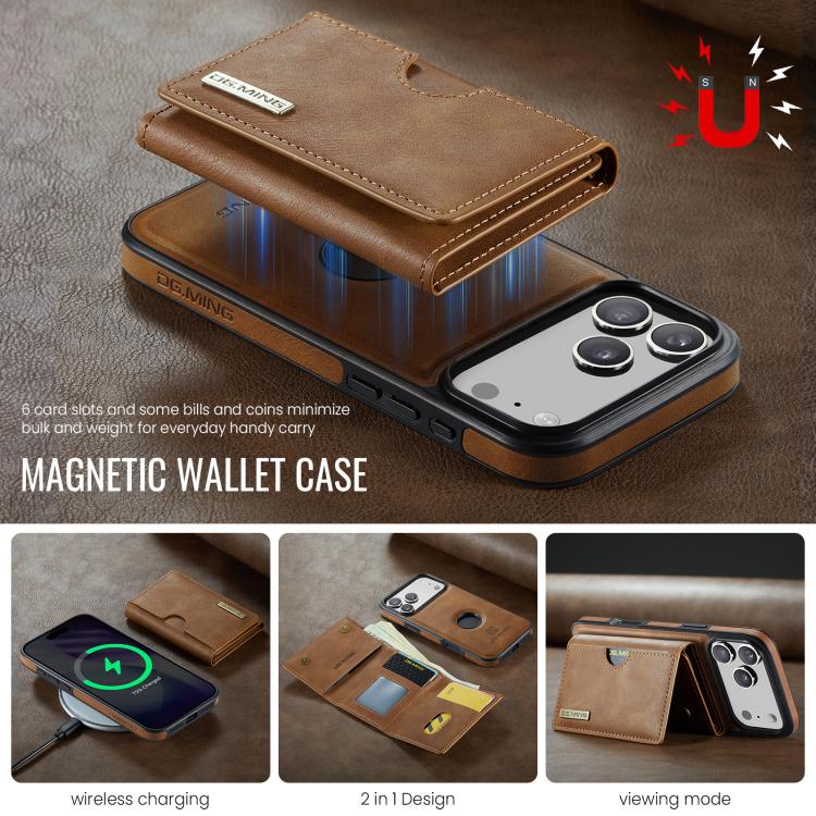 For iPhone 17 Pro DG.MING M6 Series RFID Tri-fold Card Bag Removable Leather Phone Case(Brown) by DG.MING