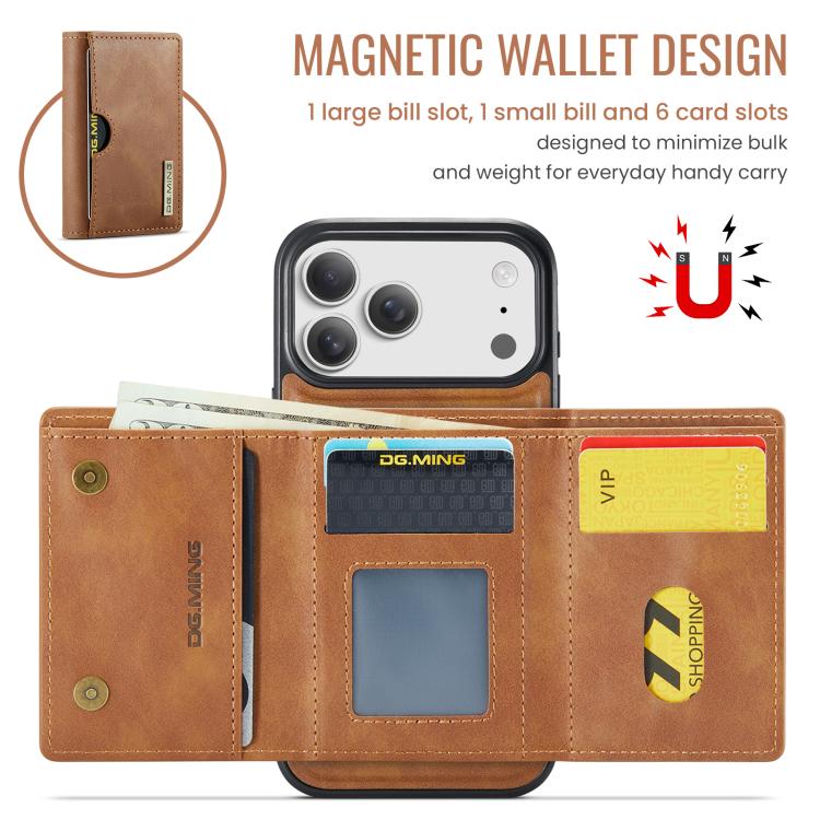 For iPhone 17 Pro DG.MING M6 Series RFID Tri-fold Card Bag Removable Leather Phone Case(Brown) by DG.MING