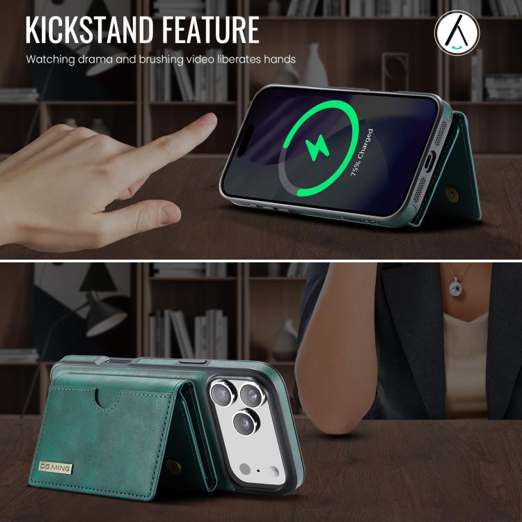 For iPhone 17 Pro DG.MING M6 Series RFID Tri-fold Card Bag Removable Leather Phone Case(Green) by DG.MING
