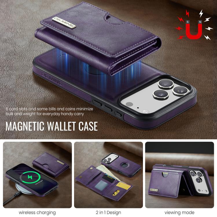 For iPhone 17 Pro DG.MING M6 Series RFID Tri-fold Card Bag Removable Leather Phone Case(Purple) by DG.MING