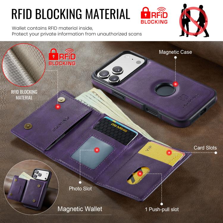 For iPhone 17 Pro DG.MING M6 Series RFID Tri-fold Card Bag Removable Leather Phone Case(Purple) by DG.MING