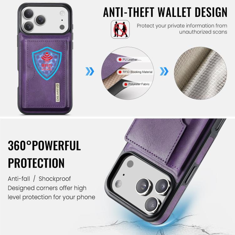 For iPhone 17 Pro DG.MING M6 Series RFID Tri-fold Card Bag Removable Leather Phone Case(Purple) by DG.MING